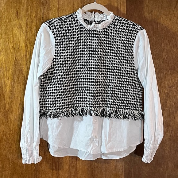 Zara Tops - ZARA Houndstooth Fringe Detail Black & White Top Sz M